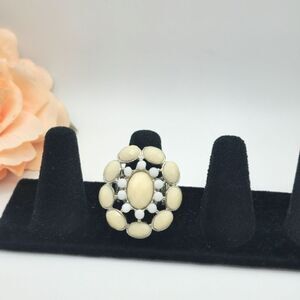 Vintage silver white enamel flower statement ring